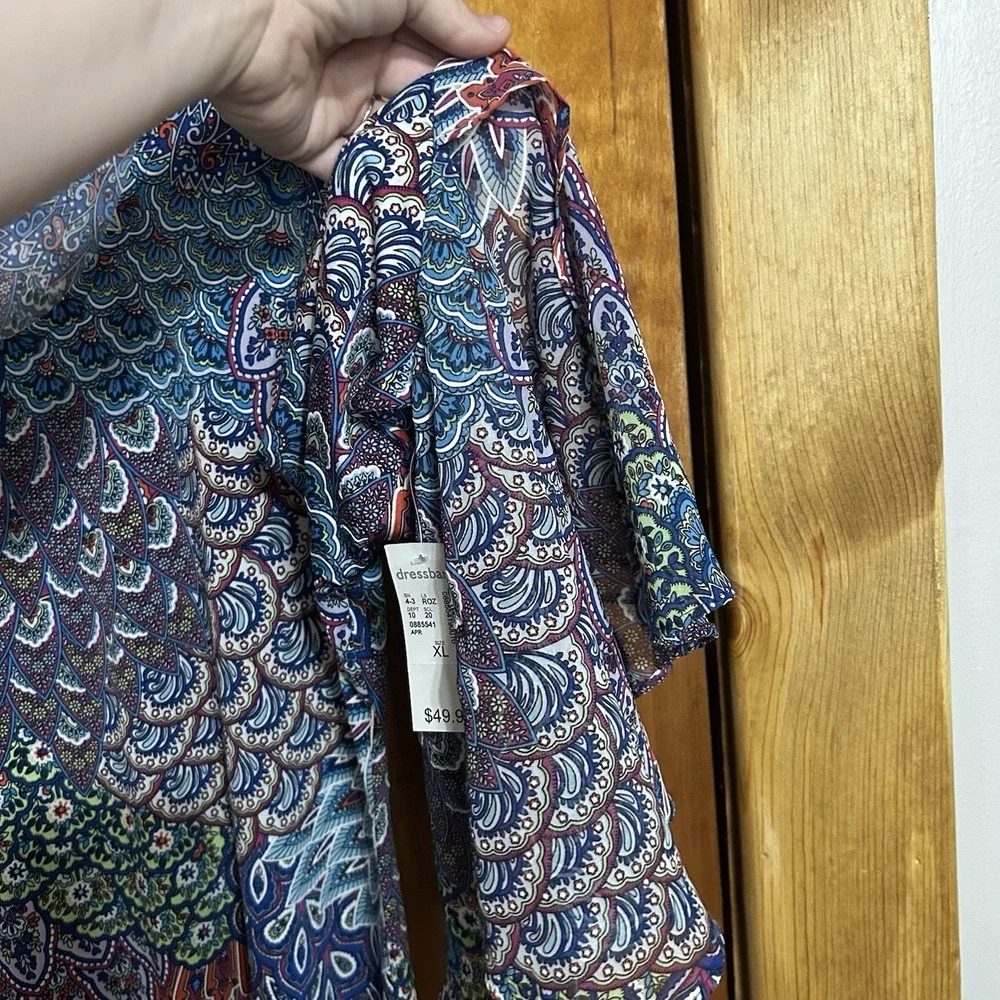 Dress Women's XL Multicolored Boho‎ Flowy Gypsy  Y2K Peacock Bell Sleeve NEW